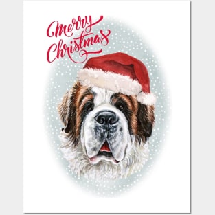 Saint Bernard Merry Christmas Santa Dog Holiday Greeting Posters and Art